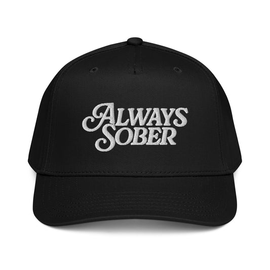 solid black colored hat with white writing 