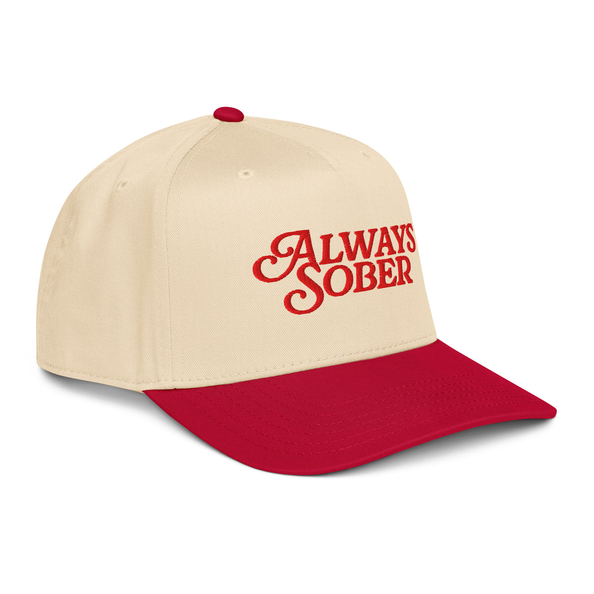 a bone colored hat with red writing and a red brim 