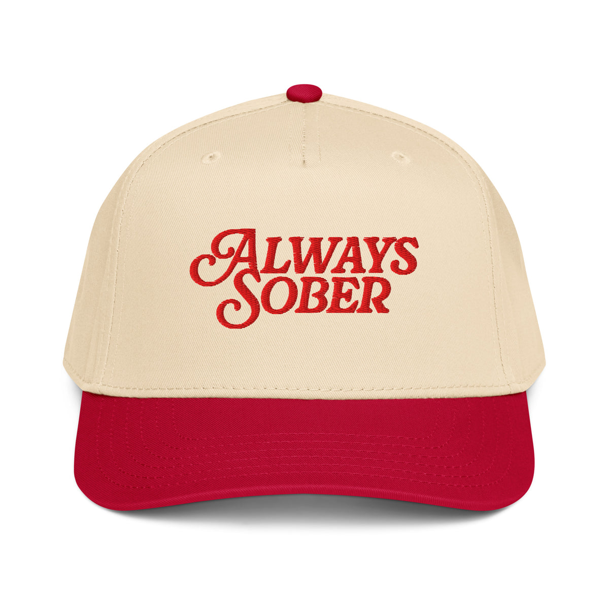 a bone colored hat with red writing and a red brim 
